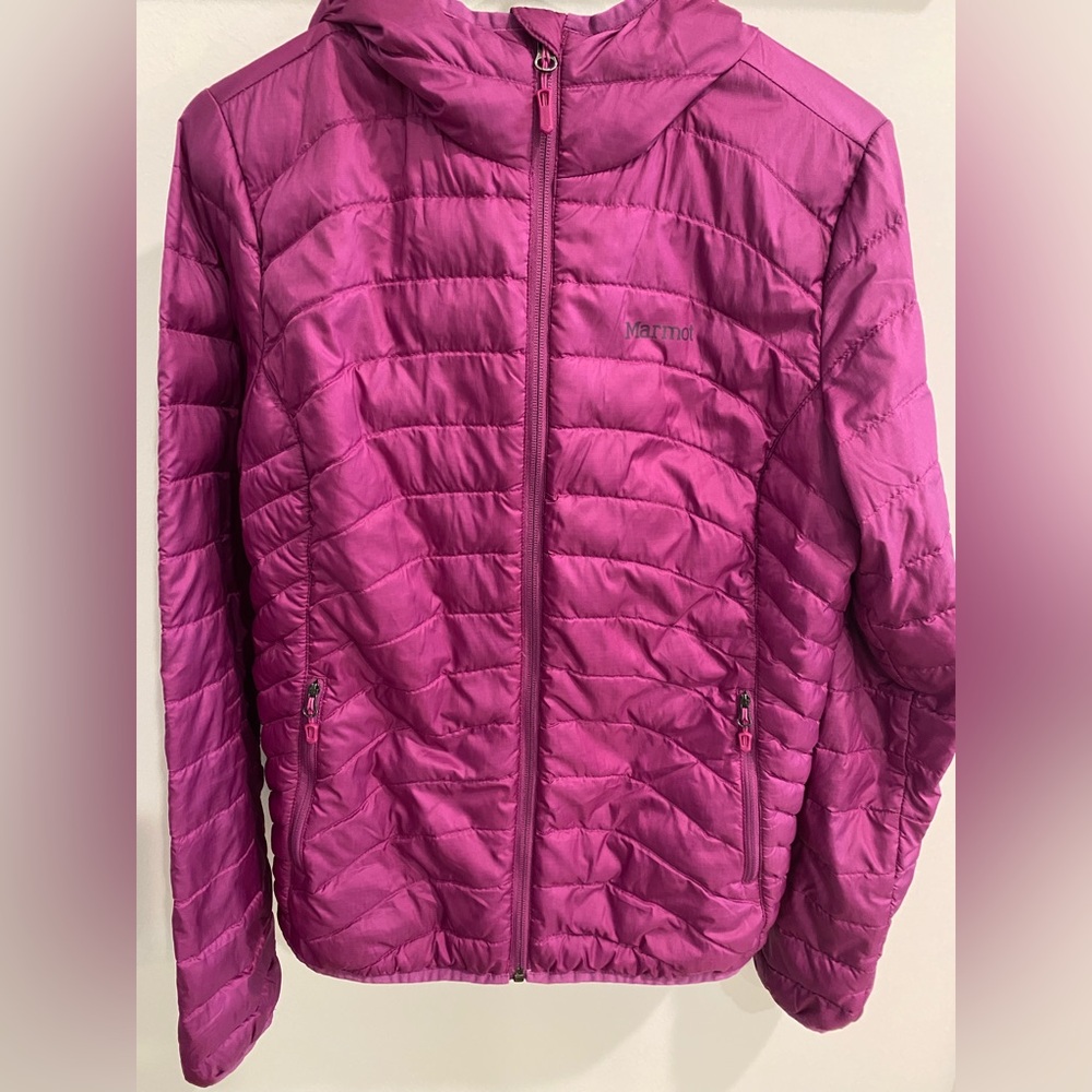 Marmot Hooded Thin Puffer Jacket in Deep Purple with Pink Trim